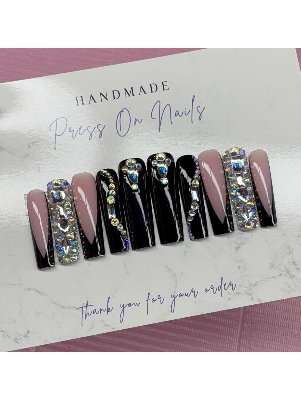 Extra long square press on nails black French tip rhinestones handmade custom